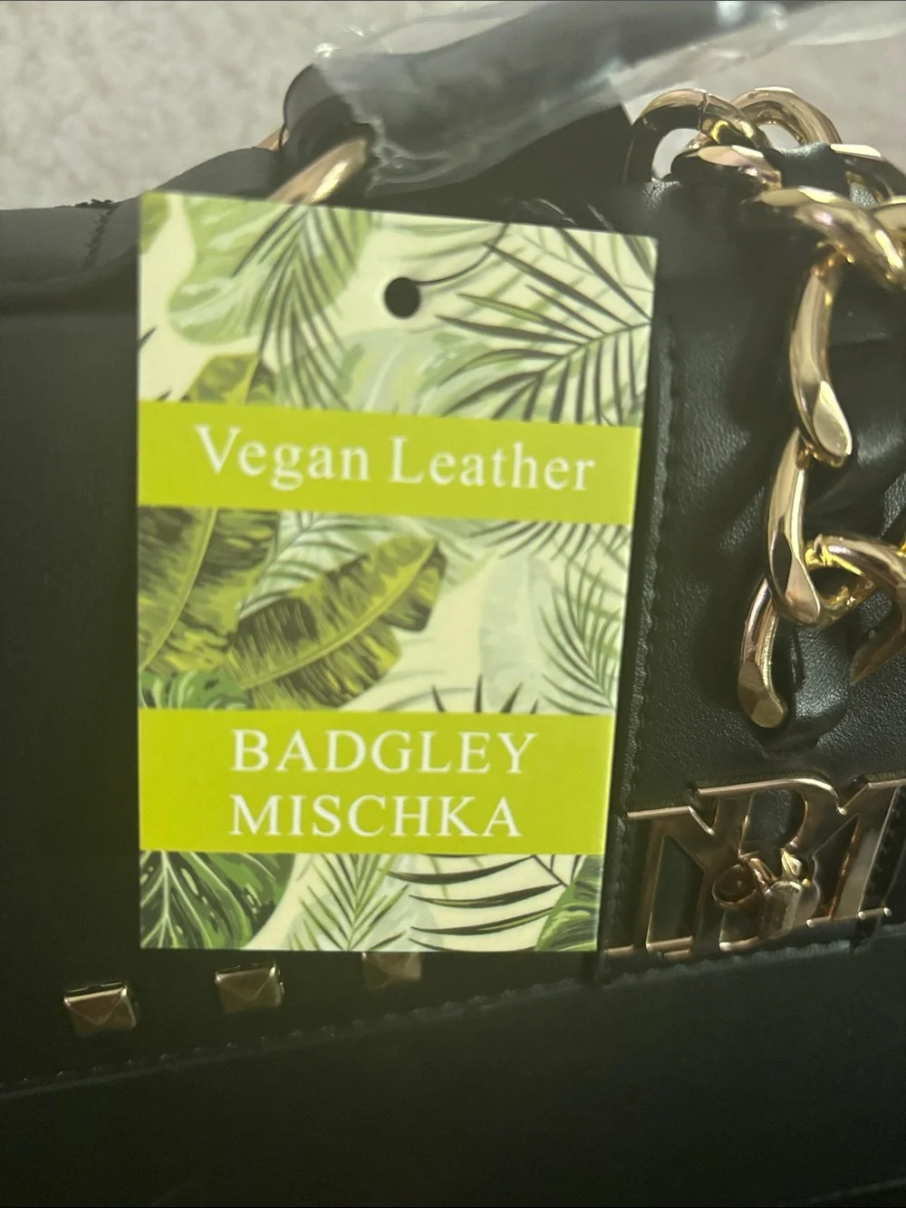 Badgley Mischka Black Vegan Leather Studded Satchel with Gold Hardware